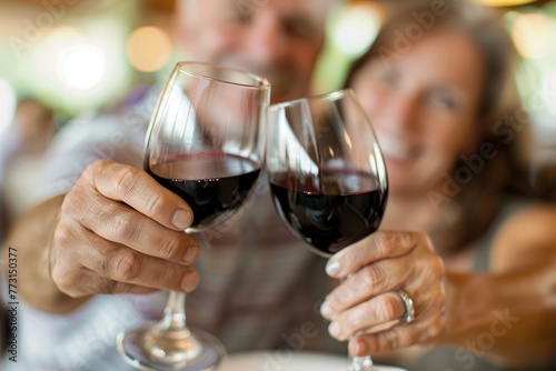 A man and a woman are holding wine glasses, smiling and toasting, in a highkey portrait shot with a soft-focus background