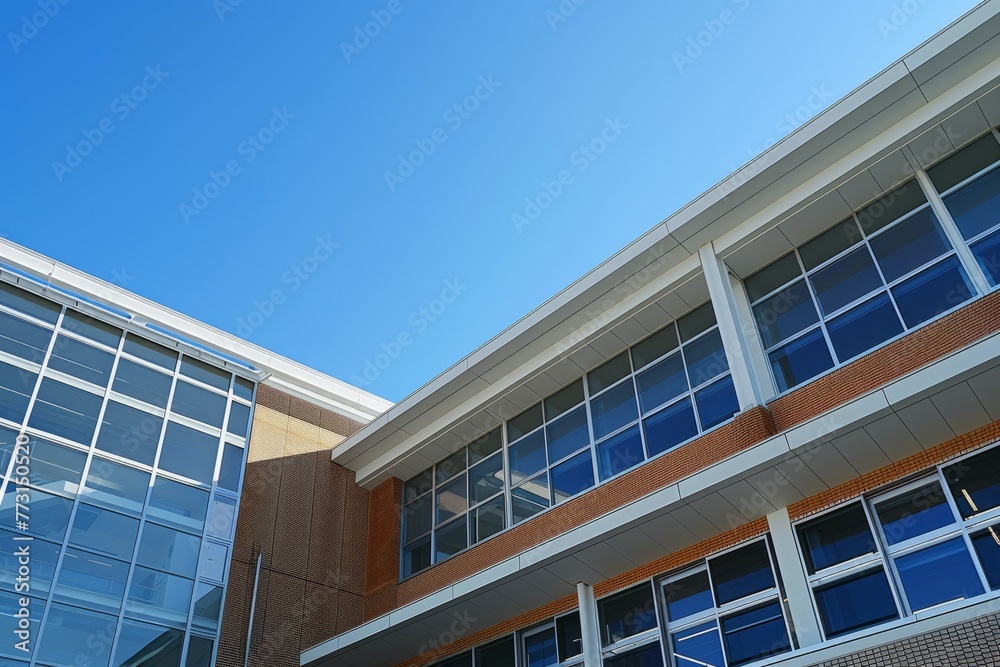 A commercial low-angle shot of a school building with numerous windows, standing tall against a clear blue sky, symbolizing education and opportunities