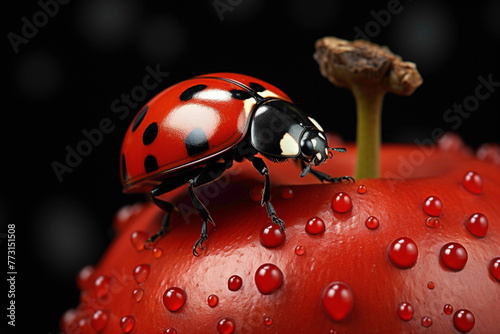 A red ladybug in a polka-dot dress, crawling on a red apple against a red background.