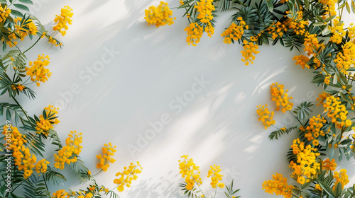 View from above. Fresh yellow mimosa blossoms on a white isolated background. The arrival of spring, warmth and good weather. Congratulations on Earth Day