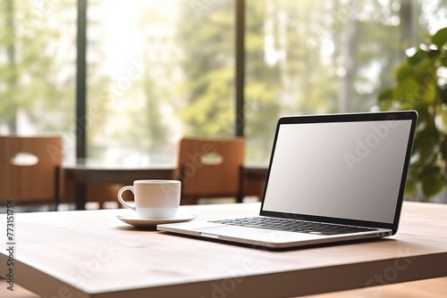 Modern laptop open on a wooden desk beside a white coffee cup, remote work setting.