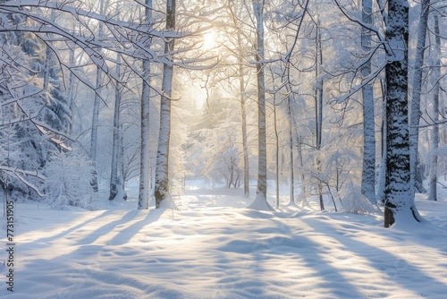 Morning light filters through snowy forest trees © Ilia Nesolenyi