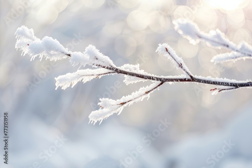 Close-up of a branch covered in snow  with ice crystals glistening in the sunlight