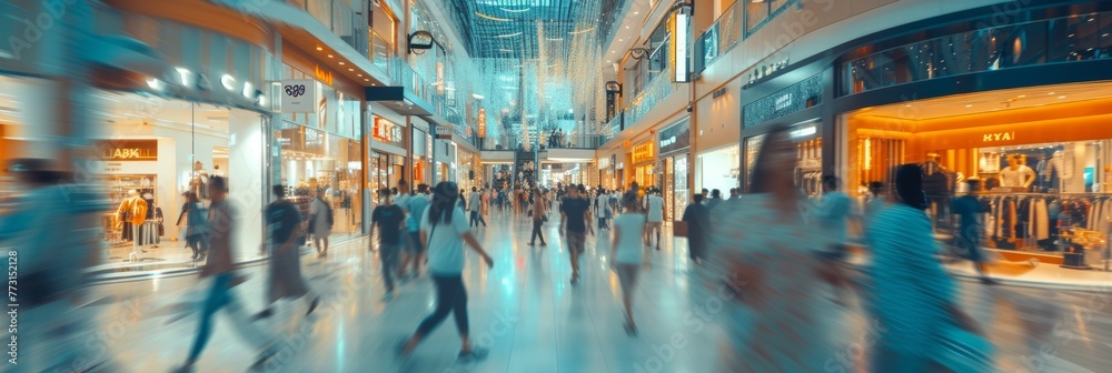 Vibrant Shopping Complex, Motion Blur of Shoppers, Retail Theme