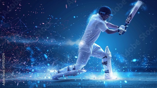 On blue background, an abstract batsman is playing cricket using formed lines and triangles. Illustration modern.