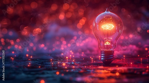 Creative light bulb with glowing particles and colorful bokeh background, innovation concept.