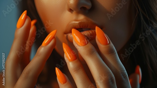 Close up woman showing her orange nails
