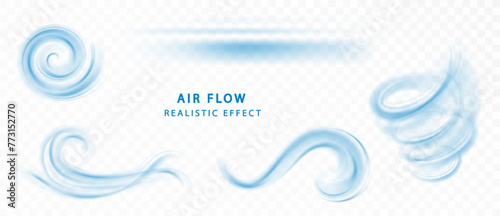 Blue air flow wave effect set. Waves showing a stream of clean fresh air. Isolated vector design element. © Hanna_zasimova
