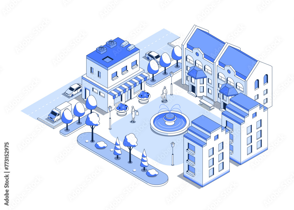 Street with shops and fountain - vector isometric illustration. Lively city center with shopping area and residential buildings. Road with cars and pedestrians. Park trees and urban summer day idea - obrazy, fototapety, plakaty 