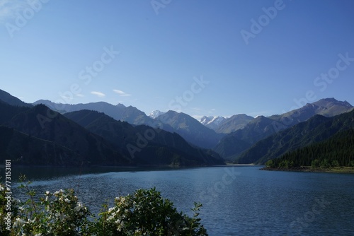Stunning mountain range and blue lake in Northern Xinjiang, China.