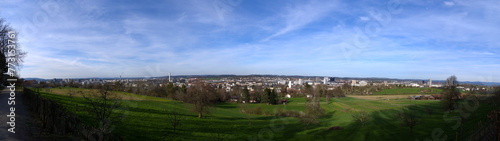 Wide angle view of orchard with meadow at Swiss City of Zürich with skyline in the background on a sunny spring day. Photo taken March 20th, 2024, Zurich, Switzerland.