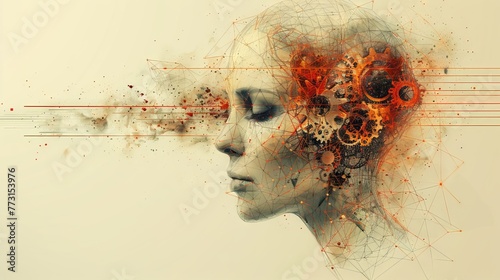 Animated modern illustration of a human head with gears made of lines  triangles  and particles.