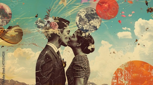 a digital collage mixing modern and vintage love themes with surreal, retro flair for a nostalgic, wondrous fee photo
