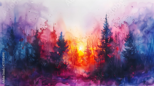 Abstract watercolor background with forest and sunset. Digital art painting.