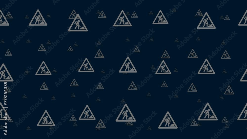 Road work signs float horizontally from left to right. Parallax fly effect. Floating symbols are located randomly. Seamless looped 4k animation on dark blue background Road work signs float horizontally from left to right. Parallax fly effect. Floating symbols are located randomly. Seamless looped 4k animation on dark blue background