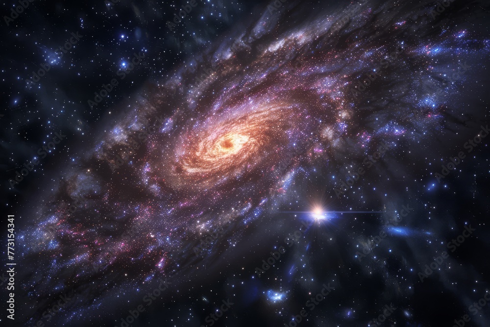 Spiral Galaxy in Space with Bright Star