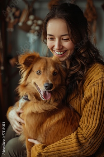 Funny dog ​​or puppy with cheerful young woman
