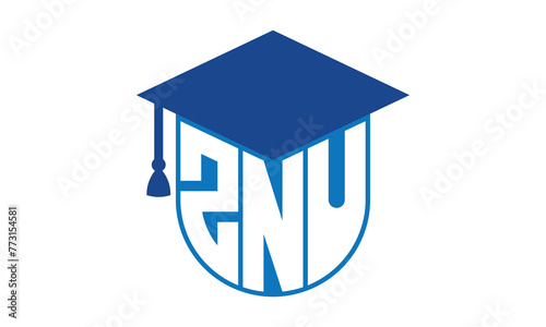 ZNU initial letter academic logo design vector template. school college logo, university logo, graduation cap logo, institute logo, educational logo, library logo, teaching logo, book shop, varsity