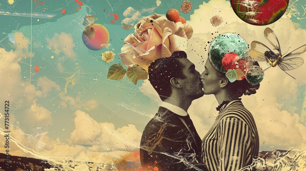 a digital collage mixing modern and vintage love themes with surreal, retro flair for a nostalgic, wondrous fee - obrazy, fototapety, plakaty 