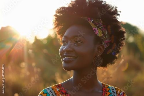 Radiant African Woman Smiling at Sunset, Golden Hour Beauty