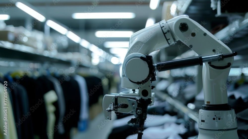 Automated clothing factory. Fashion industry. Modern robotic clothing production. Automated arm sewing clothes
