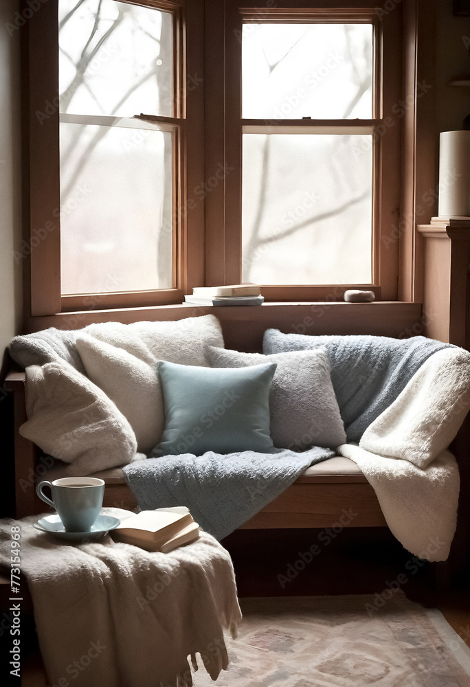 Fototapeta premium a cozy living room with a window seat and a coffee table