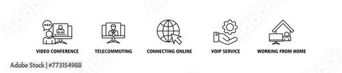 Remote working banner web icon vector illustration concept for working at home with icon of video conference, telecommuting, connecting online, voip, and working from home