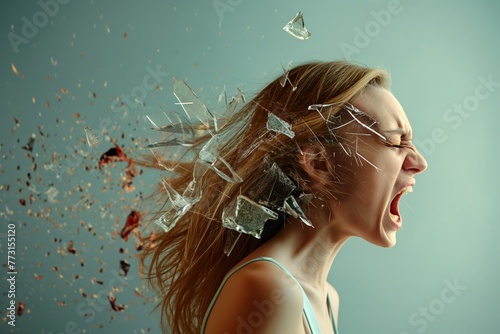 A woman in profile whose scream makes the glass shatter around her on a light blue background. photo