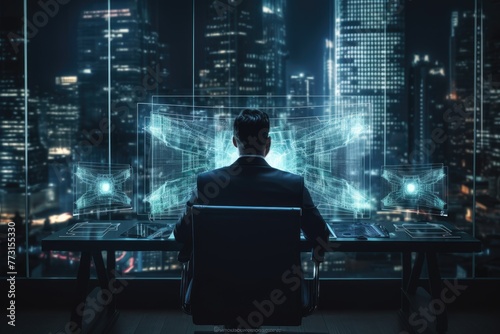 A businessman sitting at desk in office and looking at a hologram screen, Ai generated