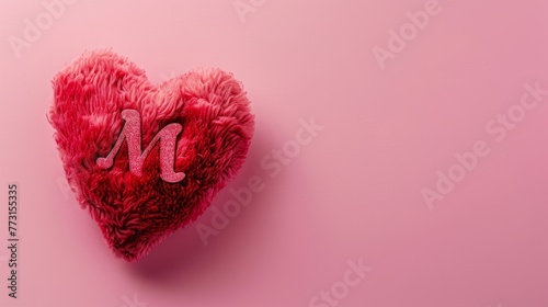 Red pillow in the shape of a heart with the letter m written on it on a pink pastel background, love concept. photo