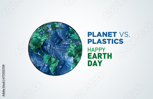 Planet vs. Plastics , Earth day 2024 concept 3d tree background. Ecology concept. Design with globe map drawing and leaves isolated on white background.  photo