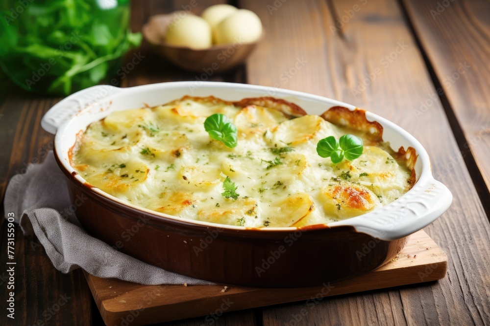 Delicious potato gratin topped with herbs in a ceramic dish. Golden Potato Gratin in Ceramic Dish