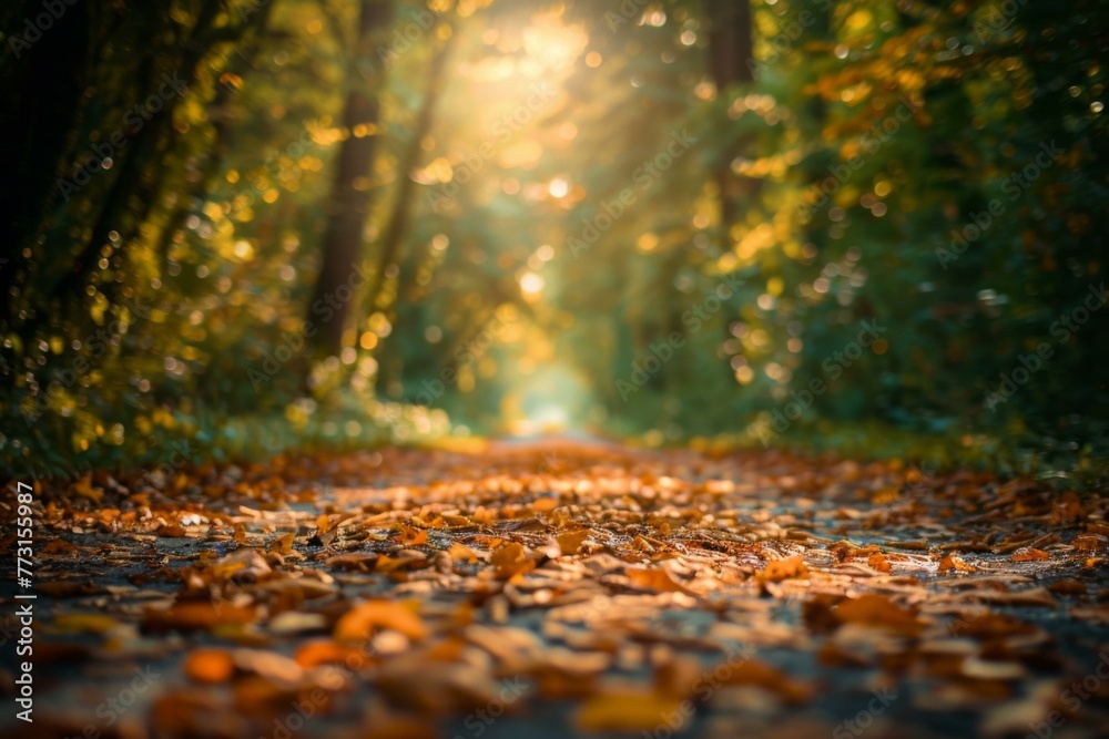 Autumn Pathway with Golden Leaves, Nature Background - obrazy, fototapety, plakaty 
