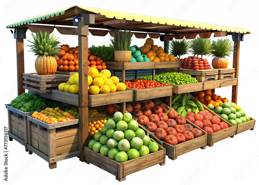 Fresh Fruits at Farmer's Market: Wooden Stand with Yellow Apples, Pears, Bananas, Oranges, Tangerines, Melons, Pomegranates, Green Plants. Front View. isolated transparent 