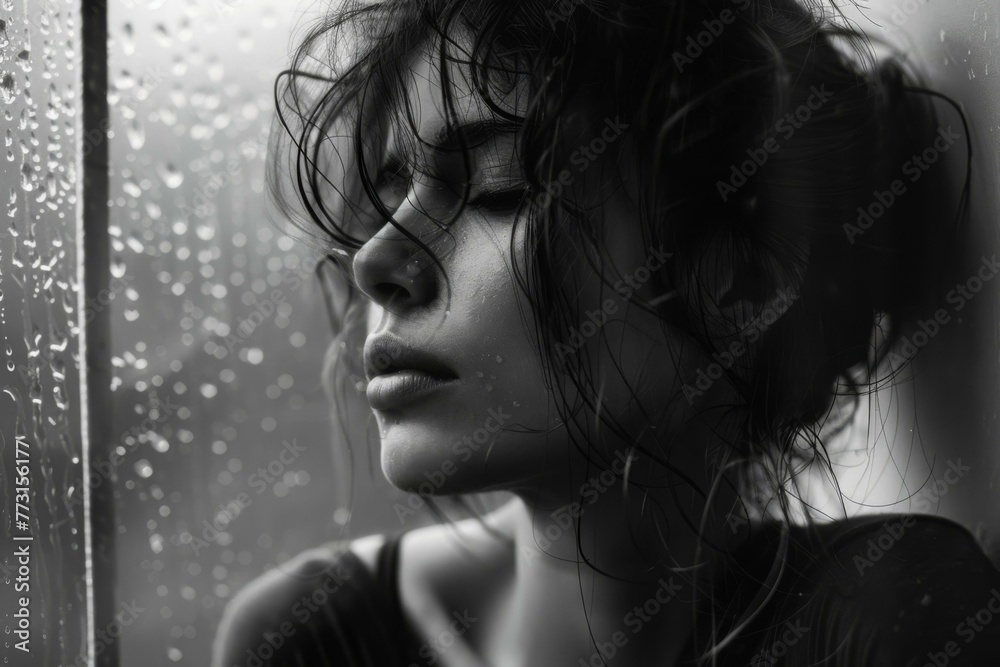 Contemplative Woman by Rainy Window, Black and White Portrait Contemplative Woman by Rainy Window, Black and White Portrait