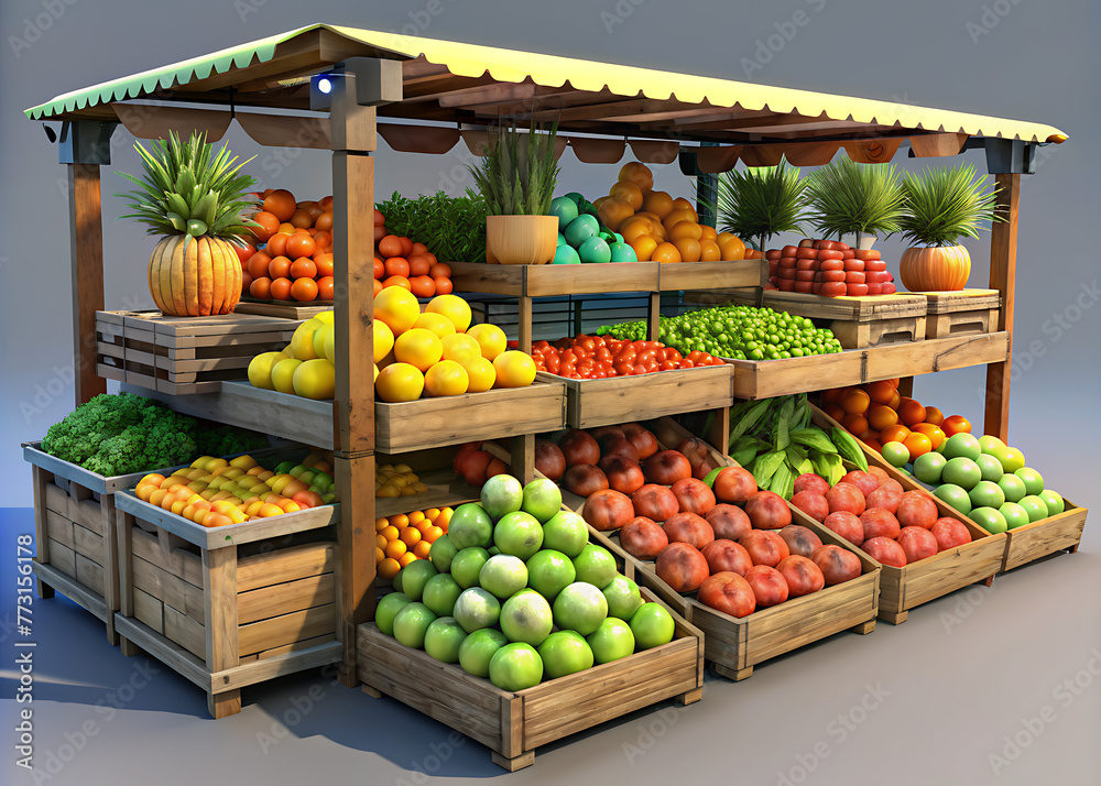 Street Market Stand: Wooden Crates Holding Fresh Ripe Fruits, Yellow Apples, Pears, Bananas, Oranges, Tangerines, Melons, Pomegranates, Green Plants. Front View. 