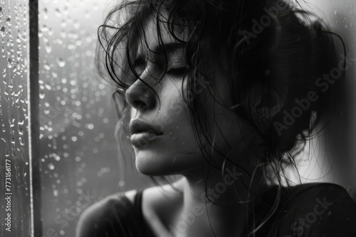 Contemplative Woman by Rainy Window, Black and White Portrait