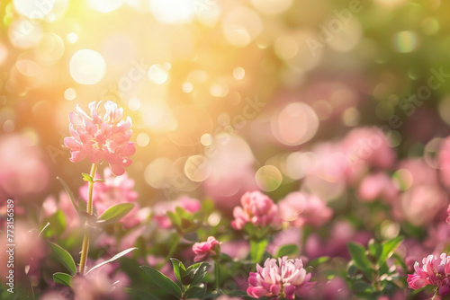 A field of pink flowers with a bright sun shining on them © Toey Meaong