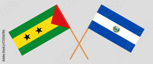 Crossed flags of Sao Tome and Principe and El Salvador. Official colors. Correct proportion