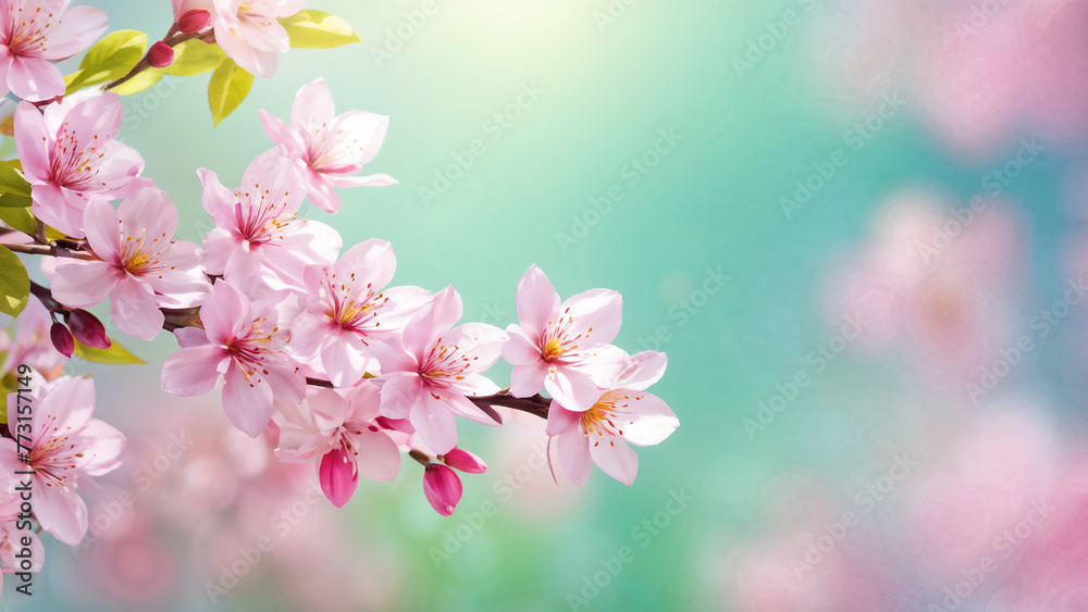 Warm and bright spring background, pink cherry blossom trees, and colorful pretty flowers. Generative AI.