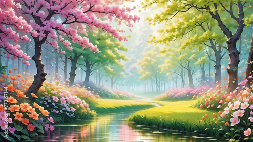 Warm and bright spring background, pink cherry blossom trees, and colorful pretty flowers. Generative AI.