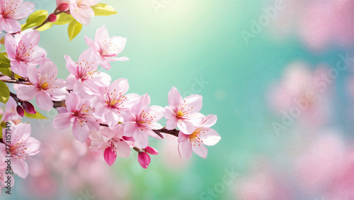 Warm and bright spring background, pink cherry blossom trees, and colorful pretty flowers. Generative AI.