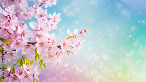 Warm and bright spring background, pink cherry blossom trees, and colorful pretty flowers. Generative AI.