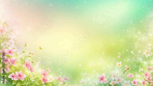 Warm and bright spring background, pink cherry blossom trees, and colorful pretty flowers. Generative AI.