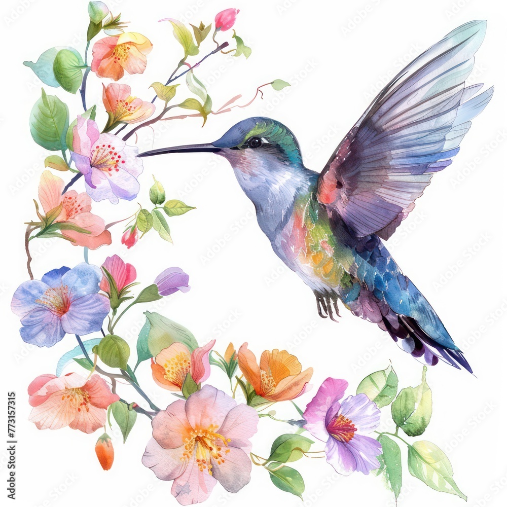 Watercolor clipart of a hummingbird near blooming flowers a fleeting summer moment