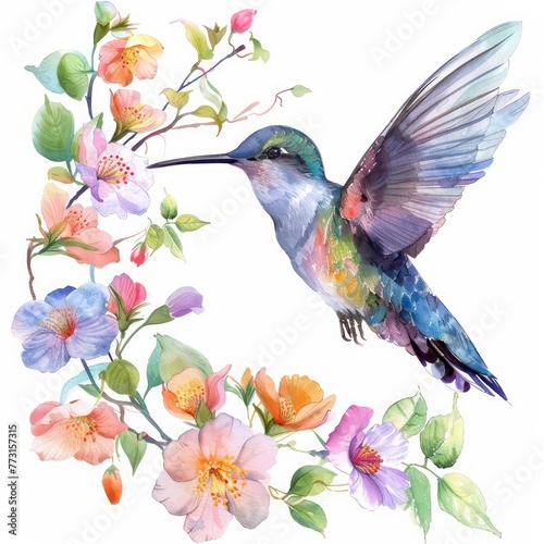 Watercolor clipart of a hummingbird near blooming flowers a fleeting summer moment © Nisit