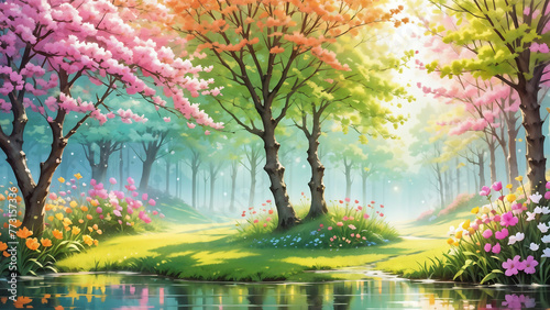 Warm and bright spring background, pink cherry blossom trees, and colorful pretty flowers. Generative AI. photo