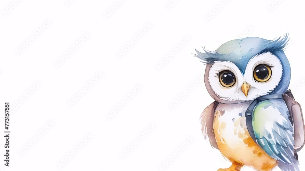 colorful owl wearing tiny backpack against white background, banner with copy space. watercolor illustration. concepts: back to school, educational materials for children, illustration for textbooks