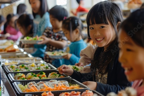 A group of young girls of Asian descent standing next to each other in front of trays of bento lunches  sharing a cultural exchange with their classmates