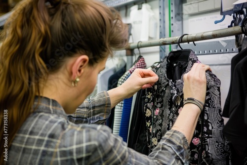 A woman carefully inspects various clothes hanging on a rack in a fashion studio during a fitting session